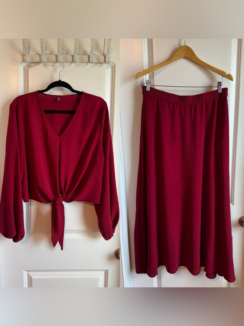 Women's Burgundy Tie-Front Blouse and Maxi Skirt Set